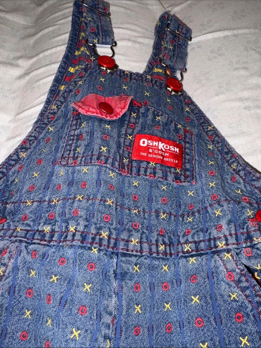 VINTAGE 80s OshKosh B'gosh Blue/Red Denim TIC TAC TOE Print Overalls 100 cotton